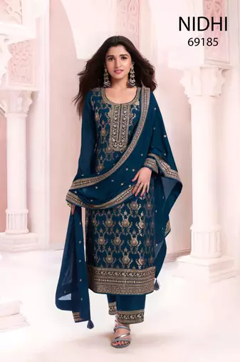 Blue viscose maslin jacquard with embroidery fancy coding sequence work salwar suit