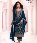 Blue viscose maslin jacquard with embroidery fancy coding sequence work salwar suit