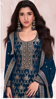Blue viscose maslin jacquard with embroidery fancy coding sequin salwar suit 2