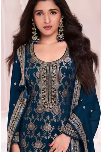Blue viscose maslin jacquard with embroidery fancy coding sequin salwar suit