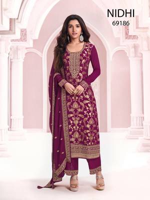 Wine viscose maslin jacquard with embroidery fancy coding sequin  work salwar suit 1