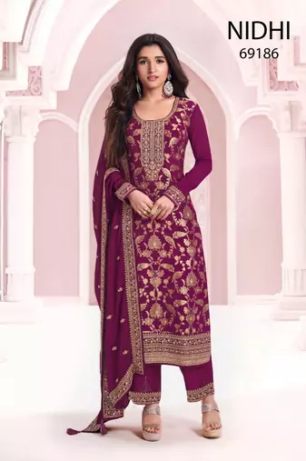 Wine viscose maslin jacquard with embroidery fancy coding sequence work salwar suit
