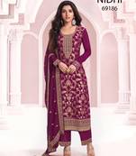 Wine viscose maslin jacquard with embroidery fancy coding sequence work salwar suit