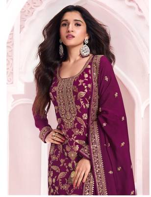 Wine viscose maslin jacquard with embroidery fancy coding sequin  work salwar suit 2