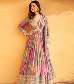 Grey heavy chinon with embroidery stitched gown (free size)