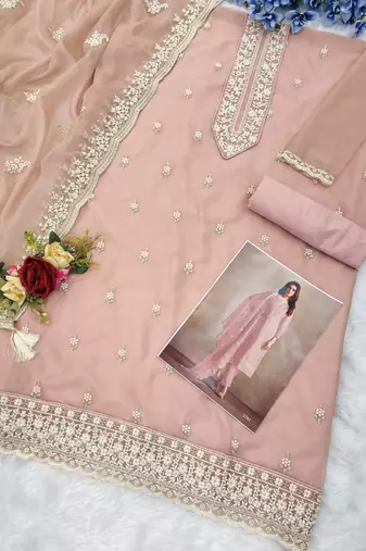 Pink heavy orgenza with embroidery straight salwar suit