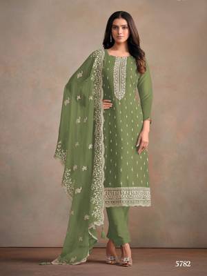 Olive heavy orgenza with embroidery straight salwar suit 1