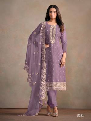 Purple heavy orgenza with embroidery straight salwar suit 1