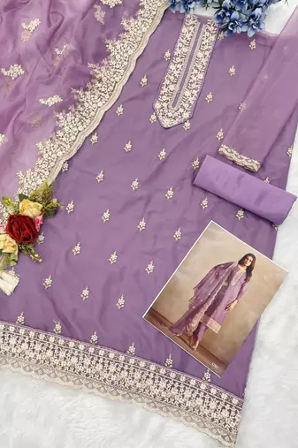 Purple heavy orgenza with embroidery straight salwar suit