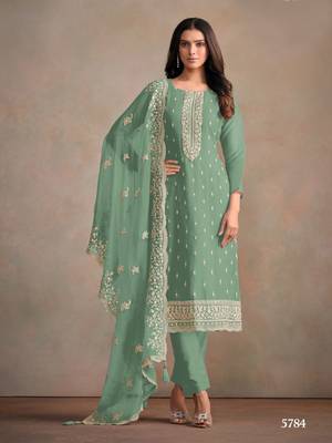 Light teal heavy orgenza with embroidery straight salwar suit 1