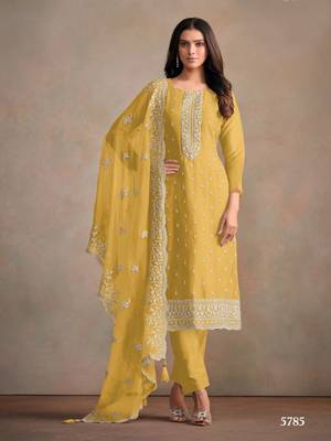Yellow heavy orgenza with embroidery straight salwar suit 1