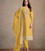 Yellow heavy orgenza with embroidery straight salwar suit