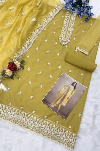 Yellow heavy orgenza with embroidery straight salwar suit