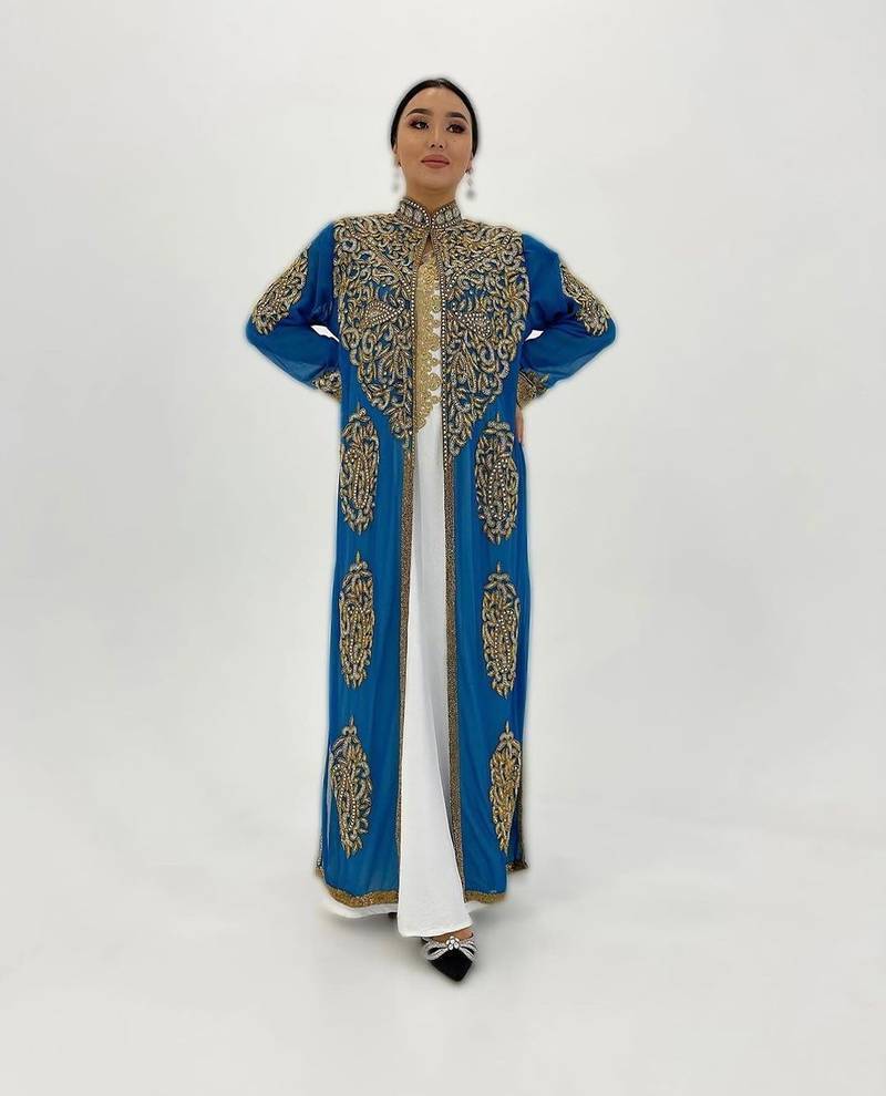 Blue and white handcrafted zari work stitched georgette kaftan party dress