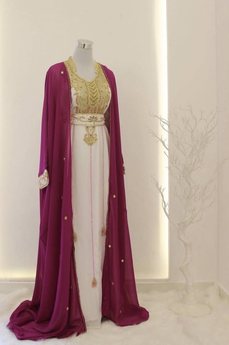 Hot Pink & white handcrafted zari work stitched dress georgette kaftan  dress