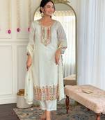 White color viscose chanderi fabric beautiful festive wear kurta set for girls