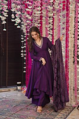 Wine color chanderi beautiful festive wear kurta set 1
