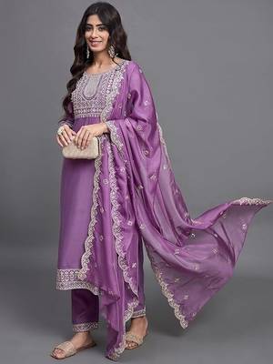 Purple color chinon viscosee beautiful festive wear kurta set for girls 1