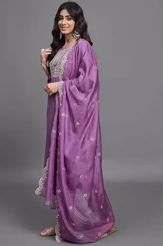 Purple color chinon viscosee beautiful festive wear kurta set for girls