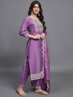 Purple color chinon viscosee beautiful festive wear kurta set for girls 4