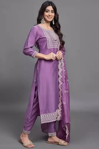 Purple color chinon viscosee beautiful festive wear kurta set for girls