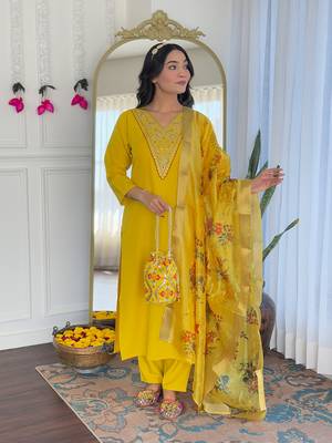 Mustard color rayon fabric beautiful festive wear kurta set for girls 1