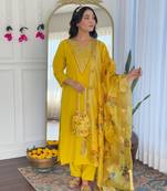 Mustard color rayon fabric beautiful festive wear kurta set for girls