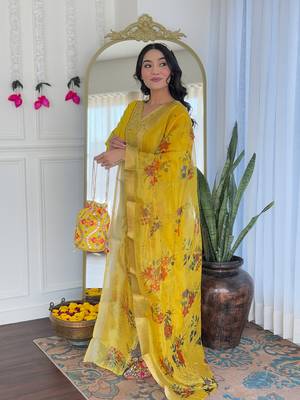 Mustard color rayon fabric beautiful festive wear kurta set for girls 4