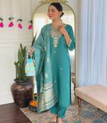 Sea green color viscose chanderi fabric beautiful festive wear kurta set for girls