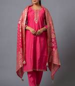 Pink color viscose chanderi fabric beautiful festive wear kurta set for girls
