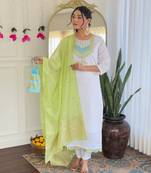 White color viscose chanderi fabric beautiful festive wear kurta set for girls