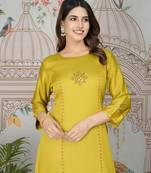 Mustard color gajji silk ethnic and girlie smart printed kurta set