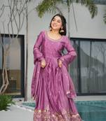 Onion color chinon fabric designer embroidery gown with dupatta