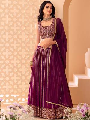 Wine Georgette Sequin And Jari Embroidery Work Lehenga 1