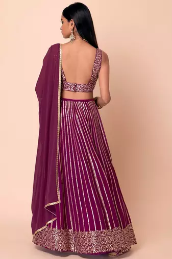 Wine Georgette Sequin And Jari Embroidery Work Lehenga