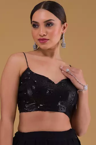 Black Georgette Sequin And Thread Embroidery Work Lehenga