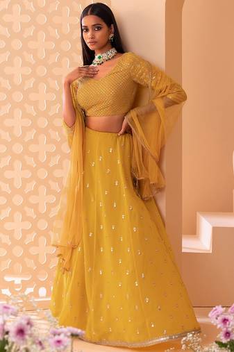 Yellow Georgette Designer Sequin Jari Embroidery Work Lehenga