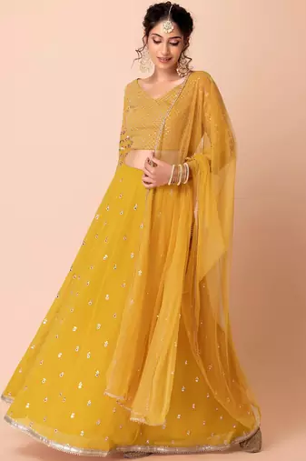 Yellow Georgette Sequin Jari Embroidery Work Lehenga