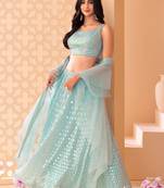 Blue Georgette Designer Sequins And Thread Embroidery Work Lehenga