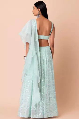 Blue Georgette Sequins And Thread Embroidery Work Lehenga