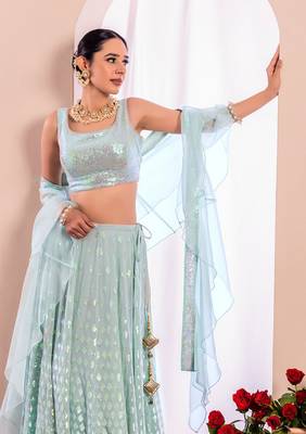 Blue Georgette Sequins And Thread Embroidery Work Lehenga 3