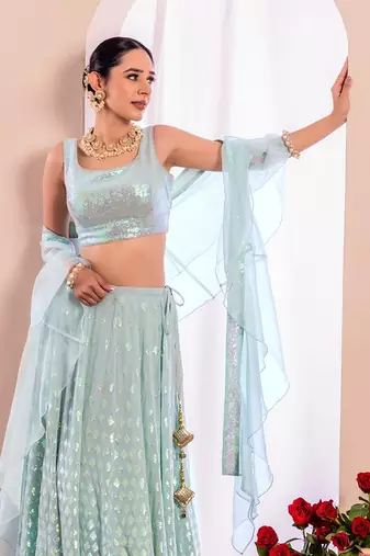 Blue Georgette Sequins And Thread Embroidery Work Lehenga