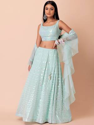 Blue Georgette Sequins And Thread Embroidery Work Lehenga 4