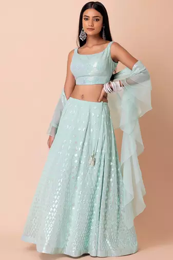 Blue Georgette Sequins And Thread Embroidery Work Lehenga
