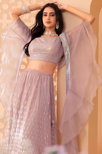 Pink Georgette Sequins Thread Embroidery Work Lehenga