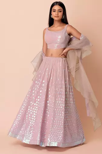 Pink Georgette Sequins Thread Embroidery Work Lehenga