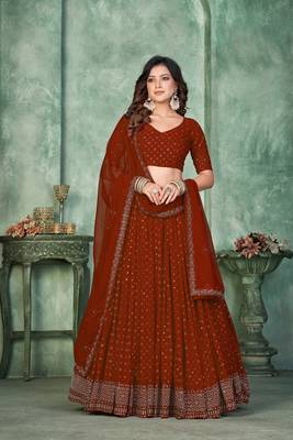 Maroon Georgette Sequins Embroidery Work Partywear Lehenga 1
