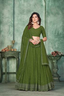 Mehndi Georgette Sequin Embroidered Partywear Lehenga 1