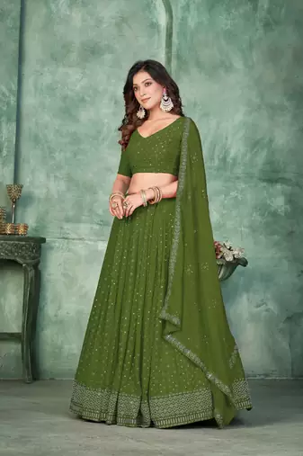 Mehndi Georgette Sequin Embroidered Partywear Lehenga