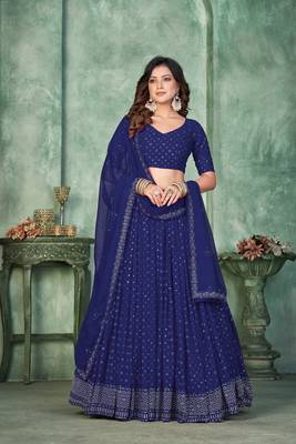 Navy Blue Georgette Sequin Embroidery Work Partywear Lehenga 1